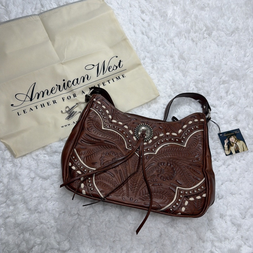 AMERICAN WEST Western Shoulder Bag Leather Purse Studded Engraved Cowgirl New!!!